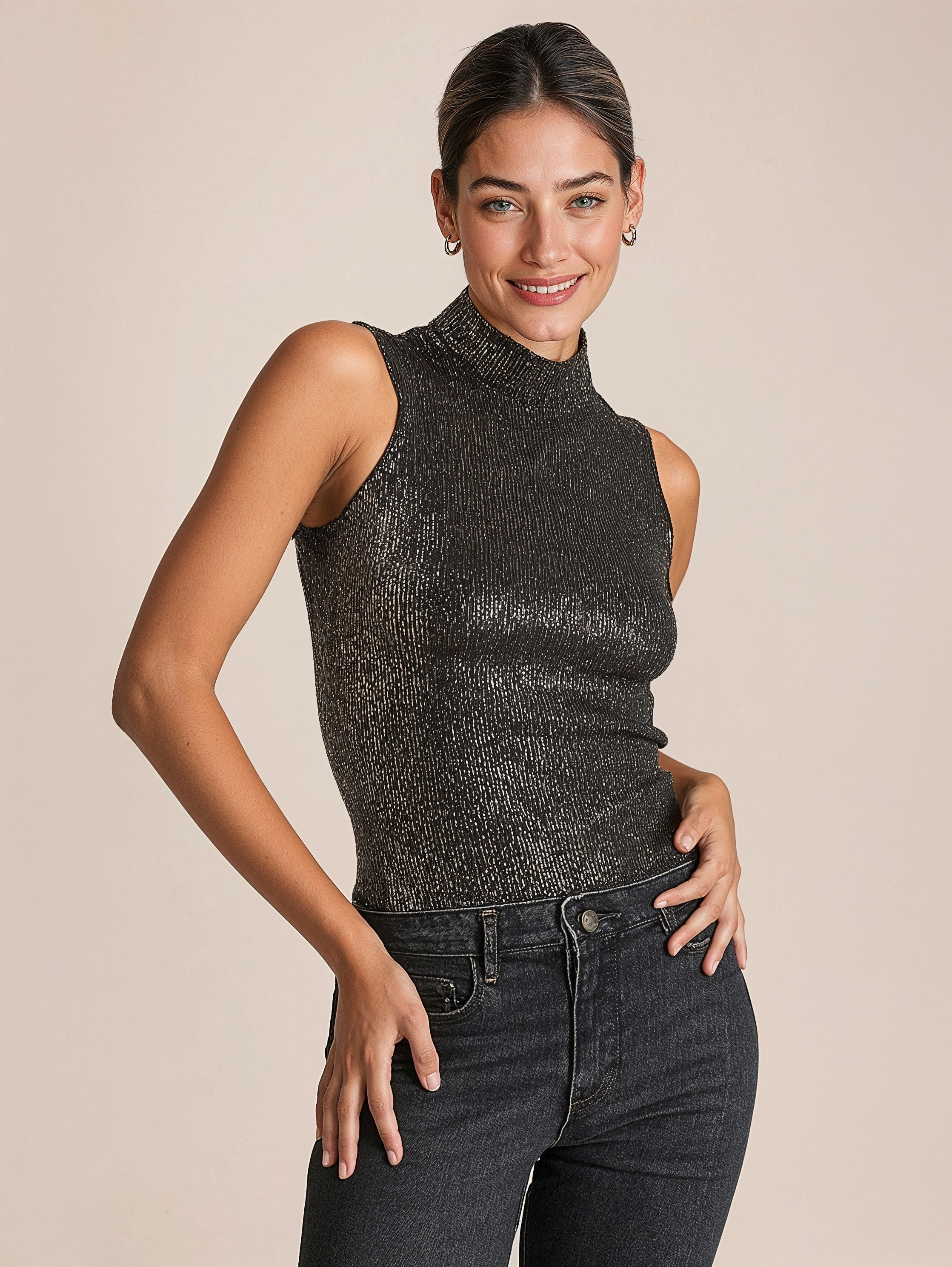 Sleeveless Glitter Mock Neck Top