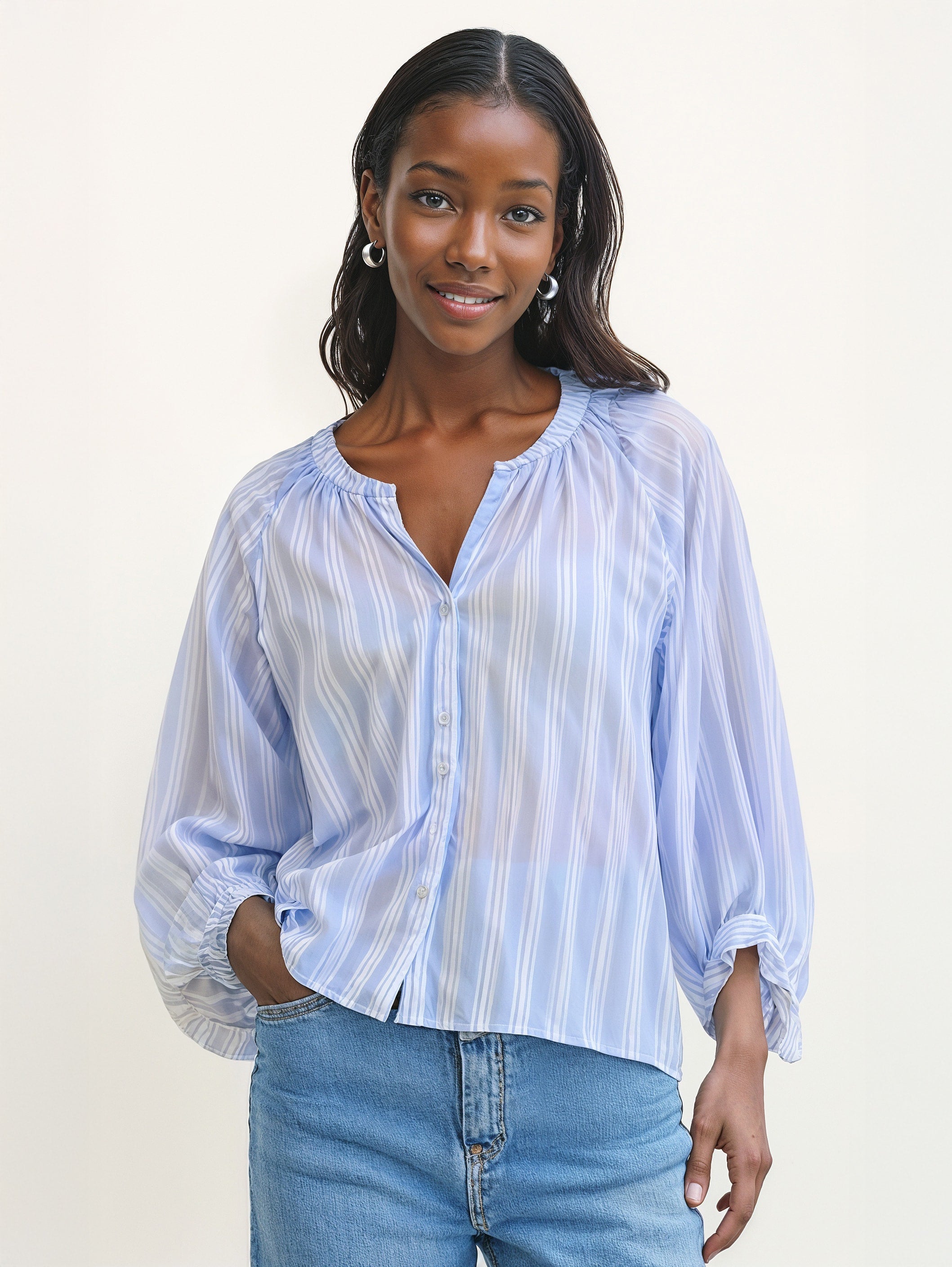 Balloon Sleeve Stripe Blouse 1